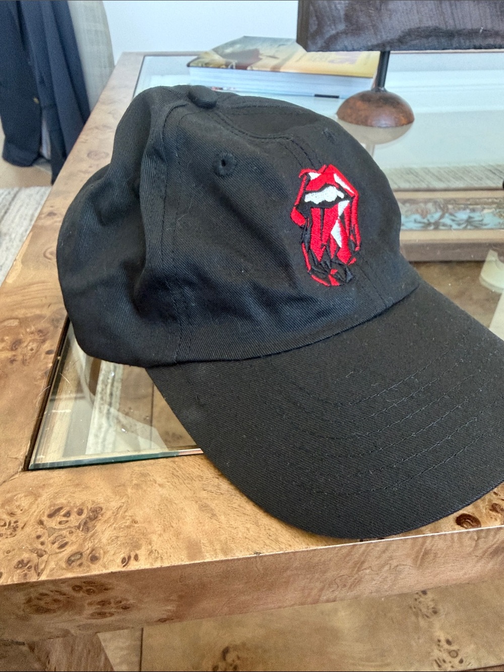 Black Baseball Cap with Red Embroidered Lips Logo - Men Accessories